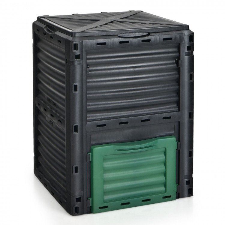 80-gallon outdoor composter with large openable lid and bottom exit door for easy access to fertilizers.