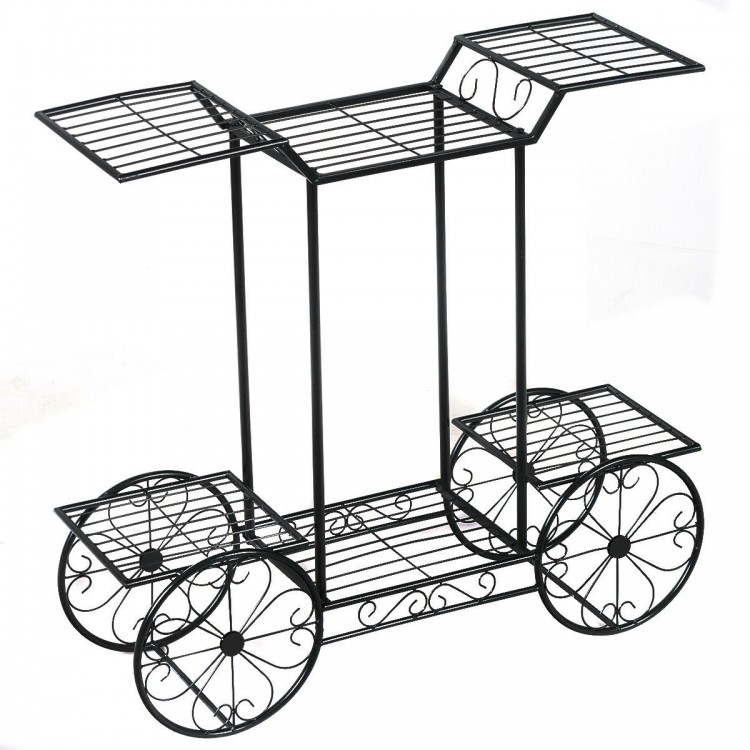 6-tier garden cart flower rack in black metal, ideal for indoor or outdoor plant display and storage.