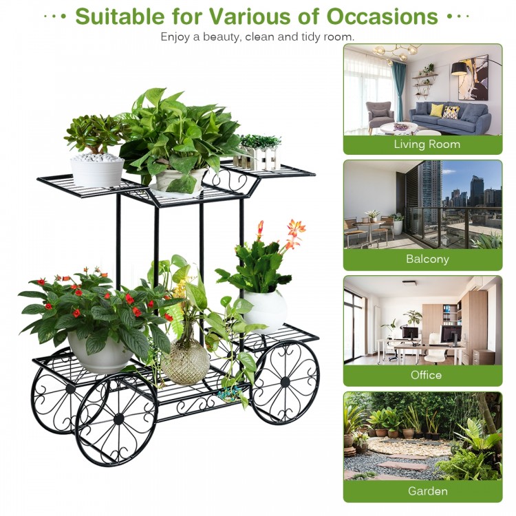 6-tier garden cart flower rack in black, ideal for indoor and outdoor plant display and storage on patios or balconies.