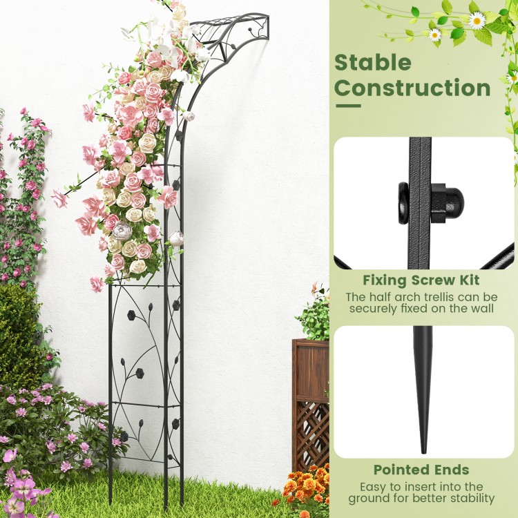 Black garden arch arbor trellis for climbing plants, featuring a sturdy metal frame and pointed ends for easy soil.