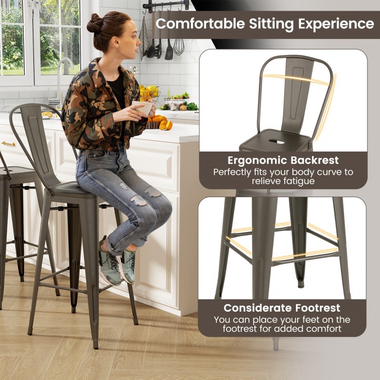 Stackable metal bar stool with removable backrest, ergonomic design for comfort, ideal for dining or kitchen use.
