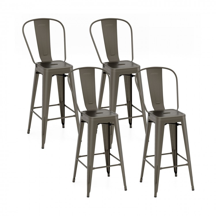 Set of 4 gun metal bar height chairs with removable backrests, stackable design for easy storage and space-saving.