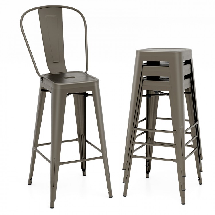 Stackable metal bar height chairs in gun color with removable backrest, ideal for dining and easy storage.