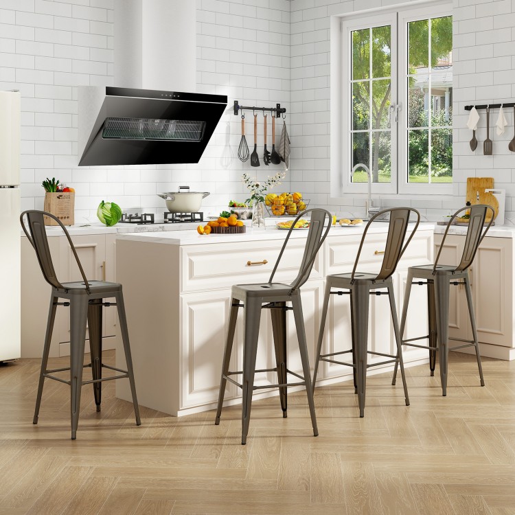 Set of 4 gun metal bar height chairs with removable backrests, perfect for kitchen or dining areas.