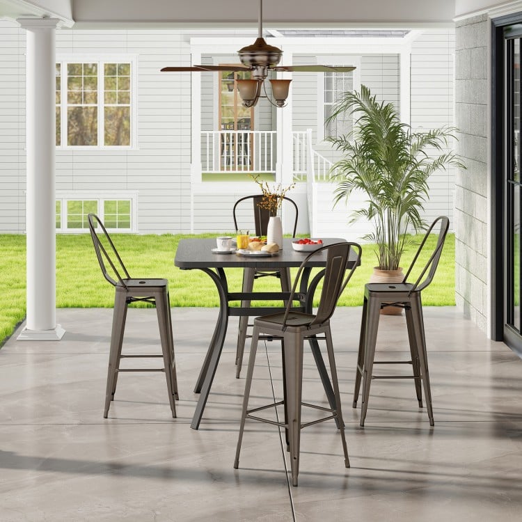 Set of 4 stackable metal bar stools with removable backrests, featuring a gun color finish for versatile dining spaces.