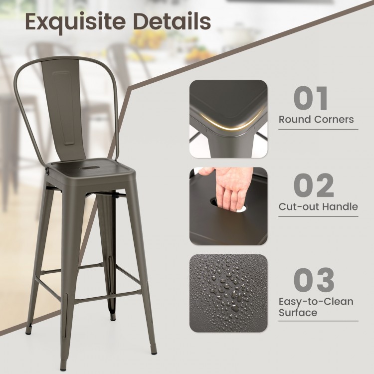 Bar height chair with round corners, cut-out handle, and easy-to-clean surface, ideal for dining or pub use.