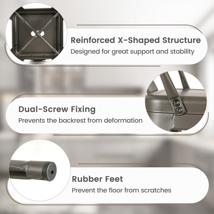 Stackable metal bar stool with removable backrest, featuring a reinforced X-shaped structure for stability and rubber.