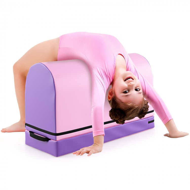 Gymnastics vaulting box in purple with detachable mat, designed for kids' training and backbend practice.
