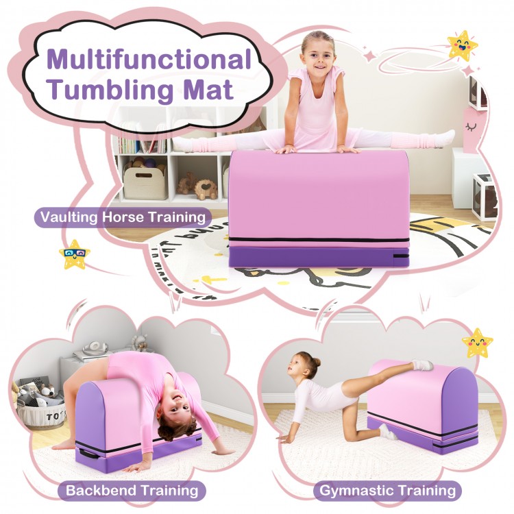 Purple gymnastics vaulting box with detachable mat, ideal for vaulting, backbend, and gymnastic training for kids.