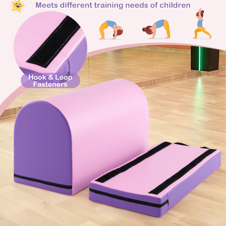 Gymnastics vaulting box in purple with detachable mat, designed for kids' training and easy transport.