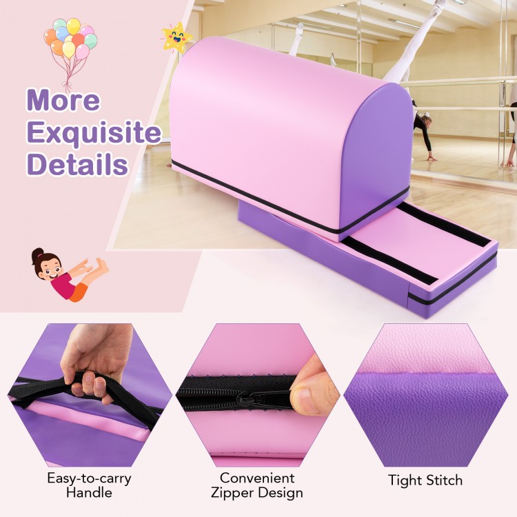 Gymnastics vaulting box in purple with detachable mat, easy-to-carry handle, and zipper design for kids' training.