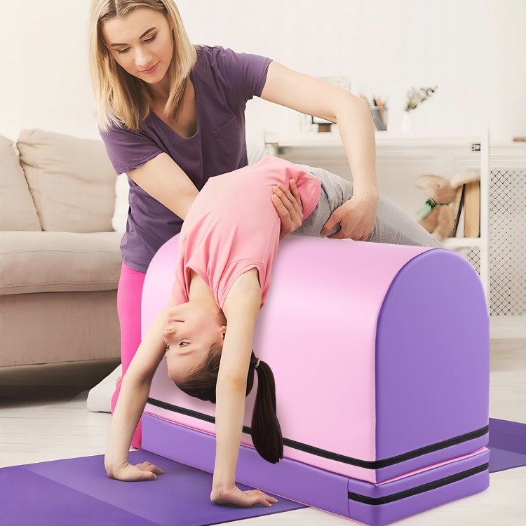 Gymnastics vaulting box in purple with a detachable mat, used for training by kids aged 3-10 years at home or gym.