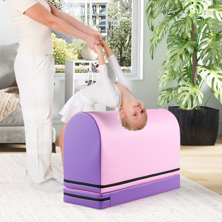 Gymnastics vaulting box in purple with detachable mat, ideal for kids' training and backbend practice at home or gym.