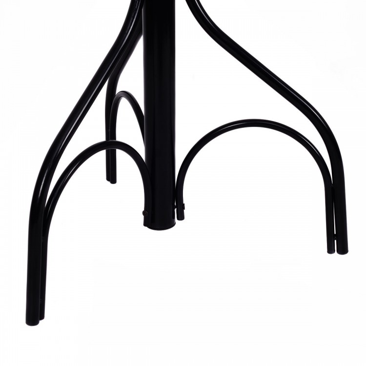 Close-up of the sturdy black metal base of a vintage coat hat tree stand, featuring a stylish design with six hooks.