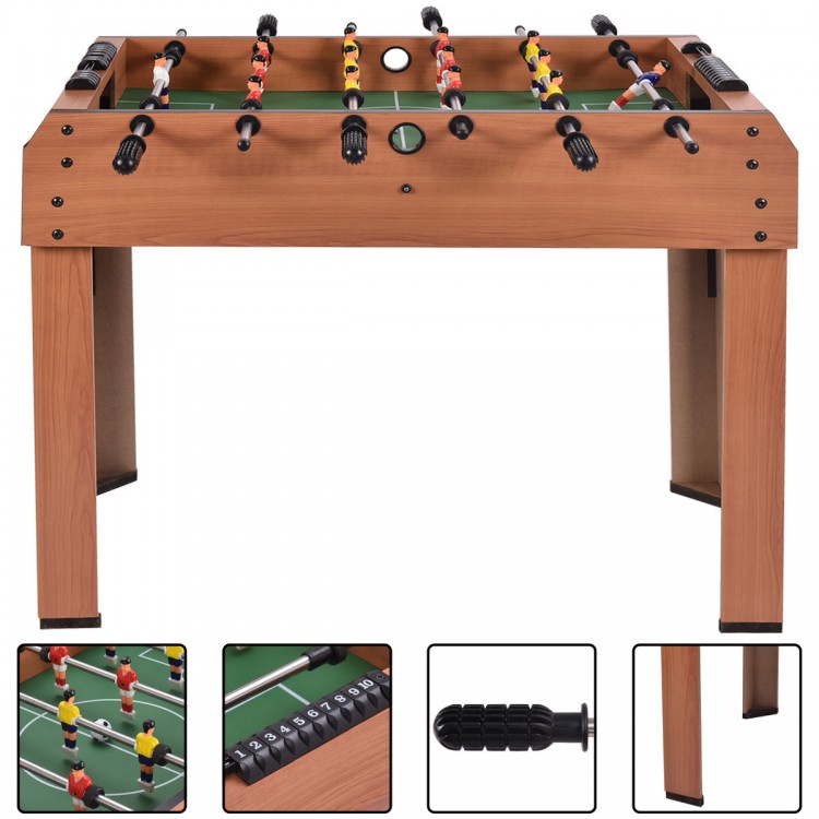 Indoor 37-inch foosball table with wood construction, steel rods, and scoring device for competitive gameplay.