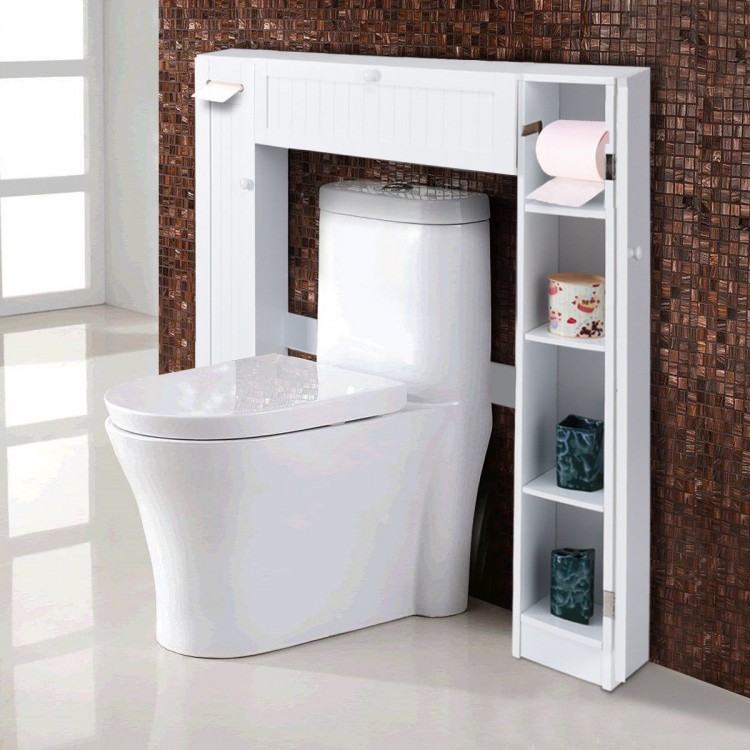 White wooden over the toilet storage cabinet with shelves and paper holder, ideal for maximizing bathroom space.