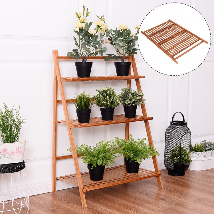 Foldable bamboo plant stand with three tiers, featuring a modern design for organized indoor and outdoor plant display.