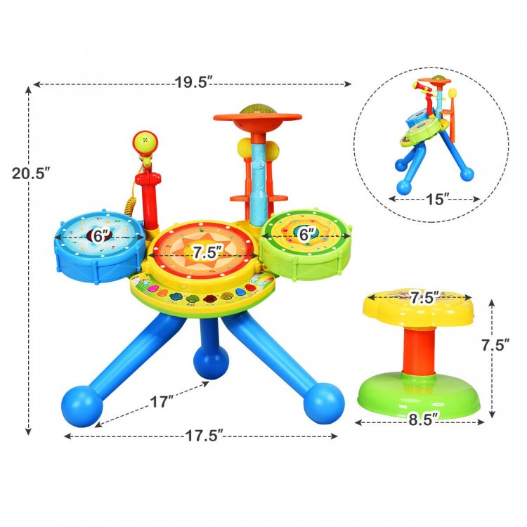 Electric Jazz Drum Set with stool, microphone, and LED lights, featuring 5 teaching modes for children's learning fun.