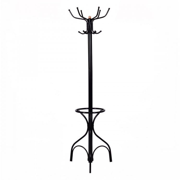 Vintage metal coat and hat tree stand with 12 hooks, sturdy base, and elegant design for versatile room use.