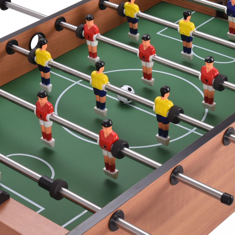 Foosball table featuring 14 players, wood construction, and scoring devices, perfect for indoor games with family and.
