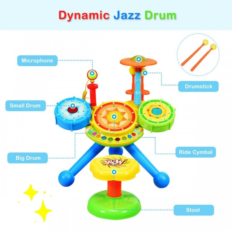 Electric jazz drum set featuring a big drum, small drum, microphone, and sturdy stool for kids' musical fun.