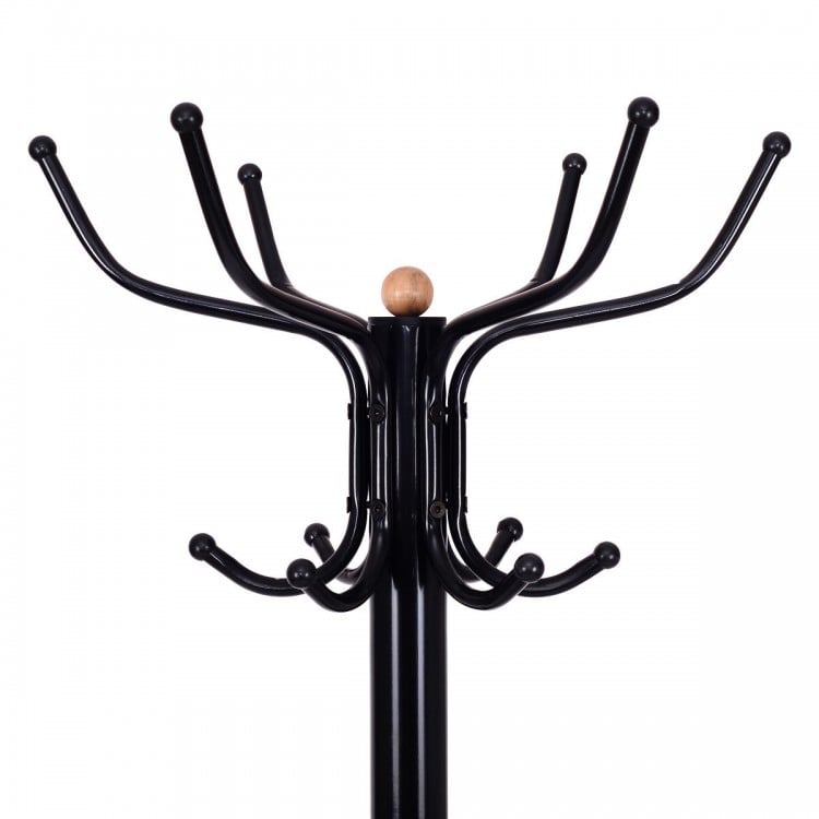 Vintage metal coat and hat tree stand with six hooks per layer, featuring a sturdy base and elegant design for any room.