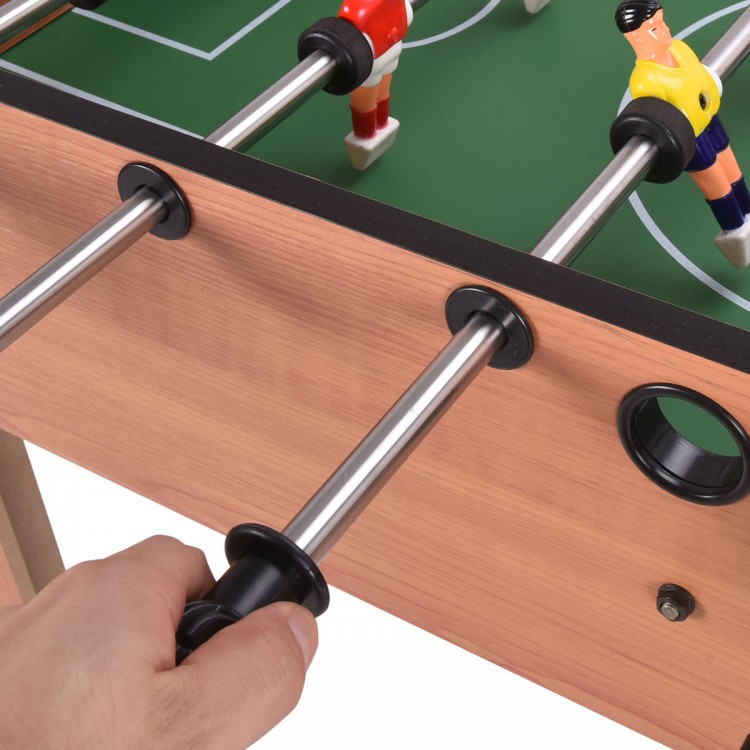 Close-up of the 37-inch indoor foosball table showing steel rods and player figures for competitive gameplay.