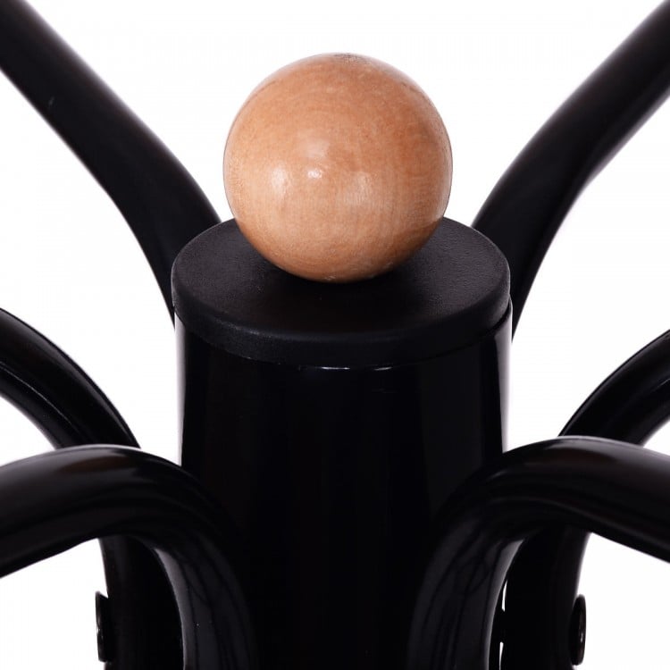Close-up of the Vintage Metal Coat Hat Tree Stand showing the wooden top ball and sturdy black steel construction.