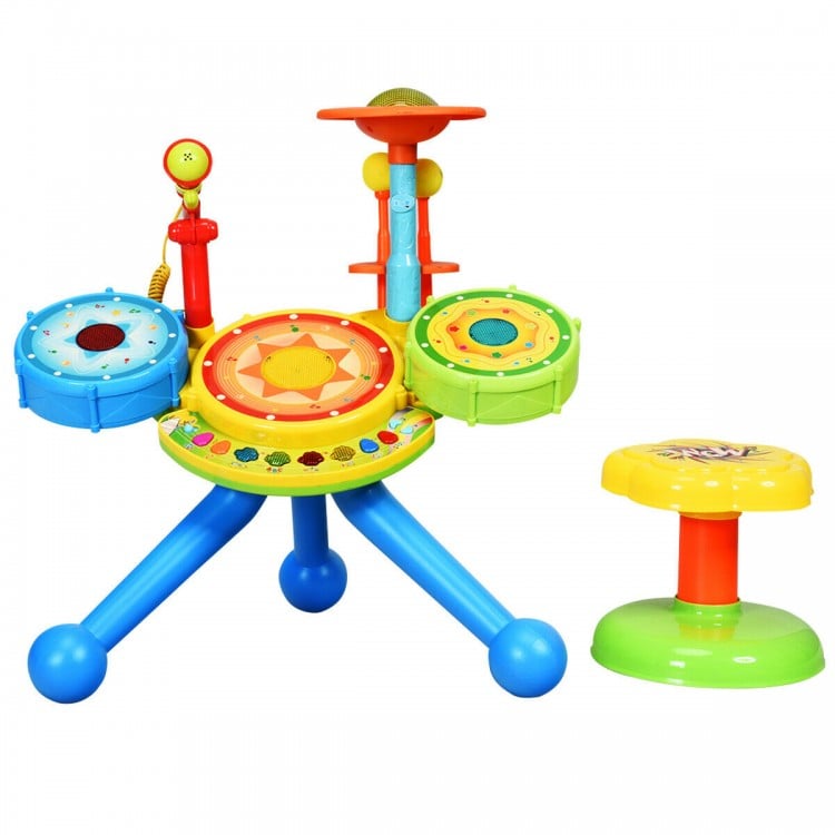 Electric jazz drum set with microphone, LED lights, and sturdy stool for children's music learning and sensory.