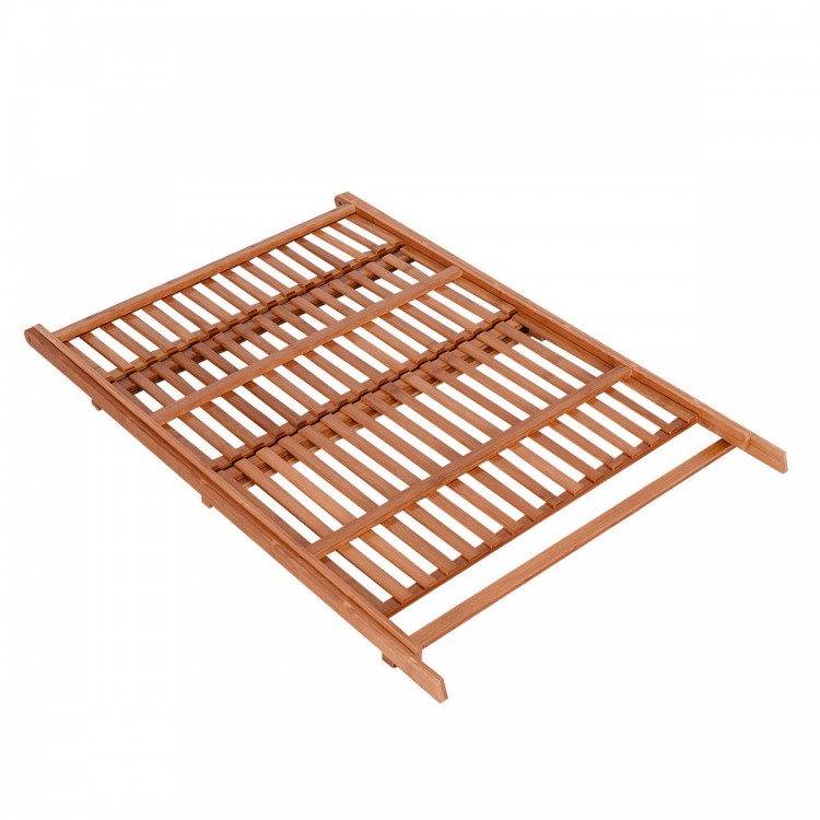 Three-tier bamboo plant stand with trapezoidal design, ideal for indoor and outdoor use, foldable and portable.