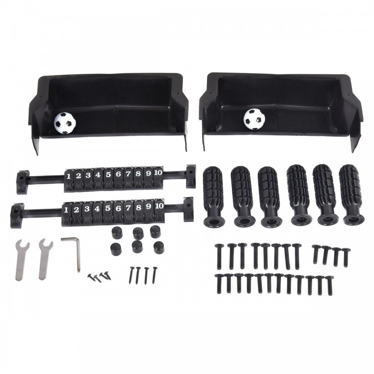 Foosball table assembly parts including scoring devices, rods, and player figures for the 37-inch indoor competition.