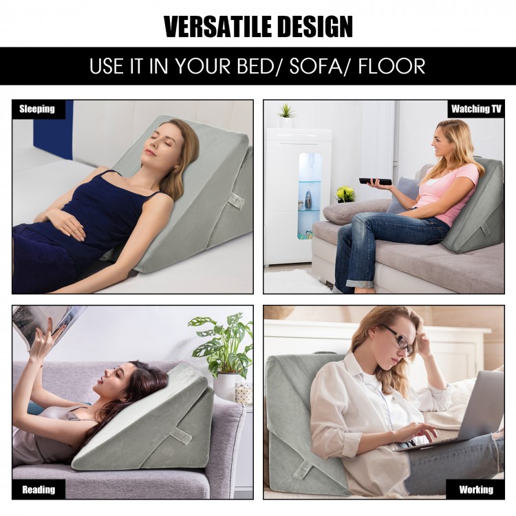 Adjustable gray memory foam reading sleep back support pillow for versatile use in bed, sofa, or floor.