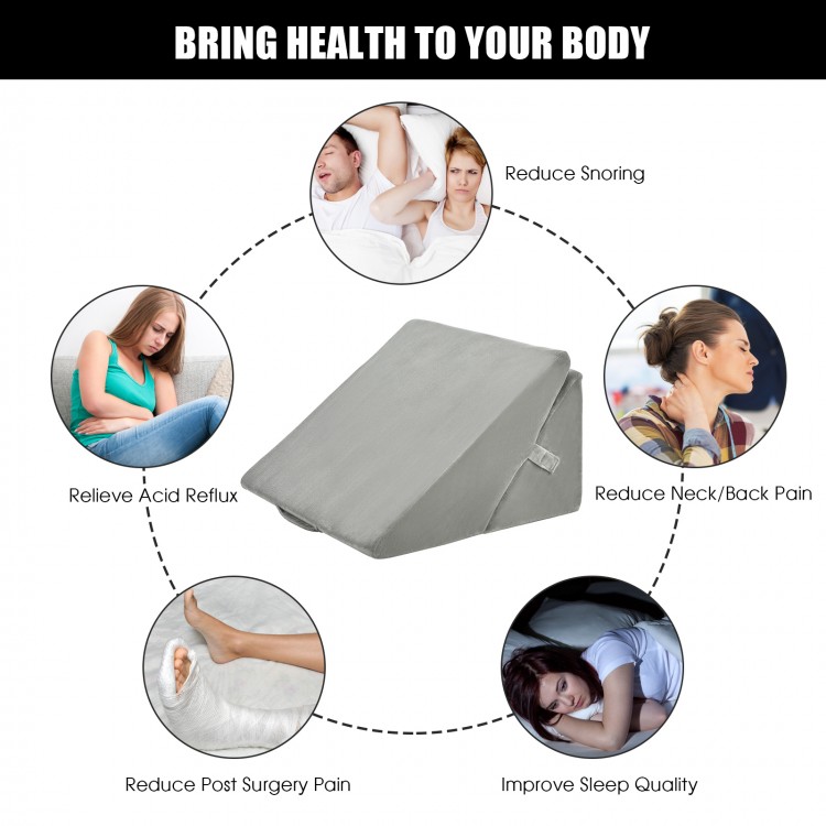 Adjustable gray memory foam bed wedge pillow for back support, featuring a removable cover and ergonomic design for.