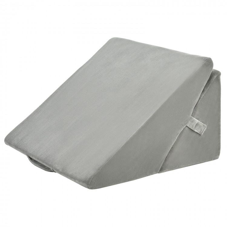 Gray adjustable memory foam reading sleep back support pillow showcasing its ergonomic tilted design for enhanced.