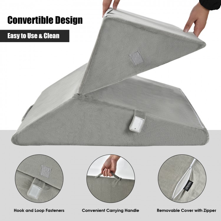 Adjustable gray memory foam reading pillow with convertible design, removable cover, and convenient carrying handle for.