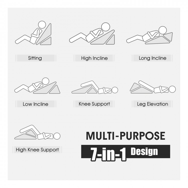 Adjustable gray memory foam bed wedge pillow with 7-in-1 design for ergonomic support while sitting, reading, or.