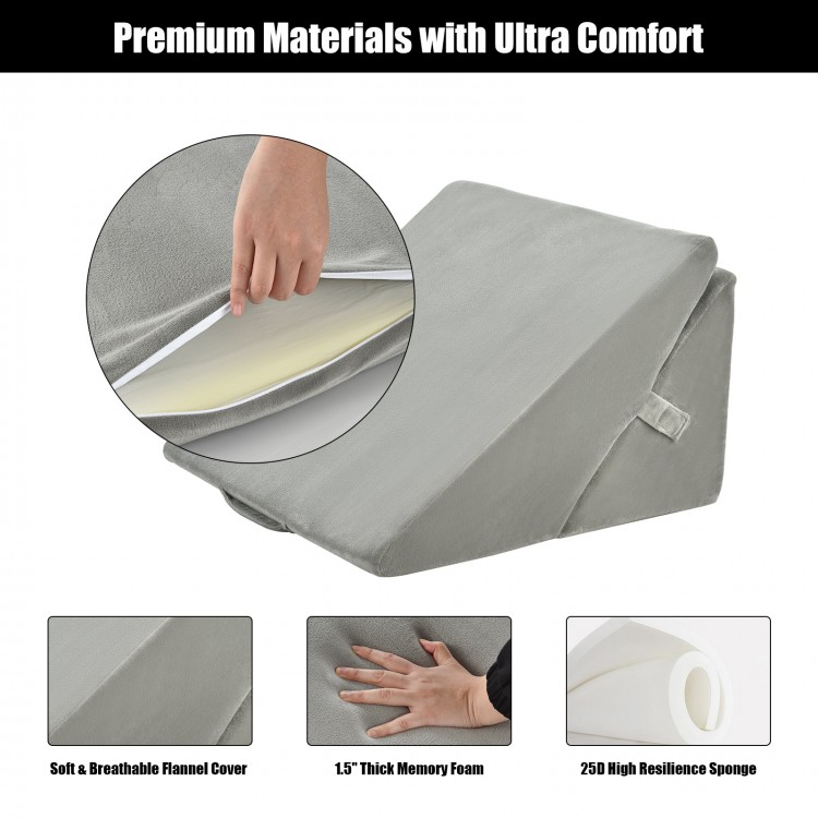 Adjustable gray memory foam reading sleep back support pillow with soft flannel cover for optimal comfort and.