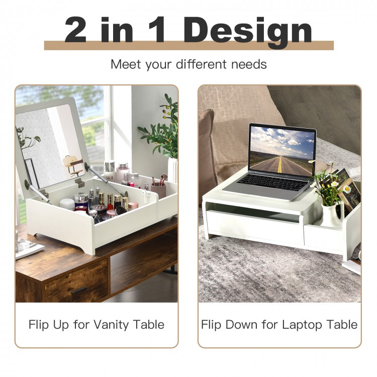 Compact white makeup dressing table with flip-top mirror, perfect for cosmetics storage and laptop use in any room.