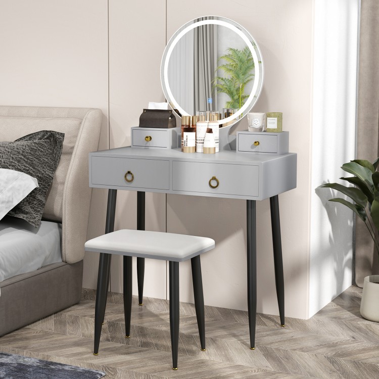 Gray vanity table set with mirror, featuring 4 drawers, adjustable lights, and padded stool for stylish storage.