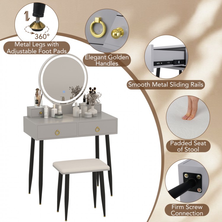 Vanity table set with mirror in gray, featuring 4 drawers, padded stool, and adjustable foot pads for stability.