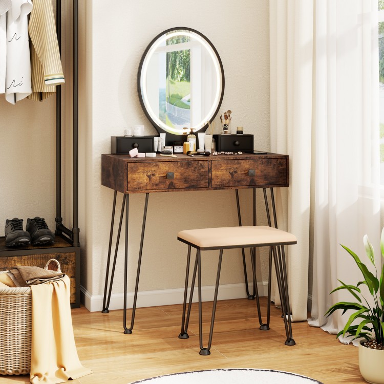 Vanity table set with adjustable LED mirror, brown MDF finish, two drawers, and matching stool for elegant storage.