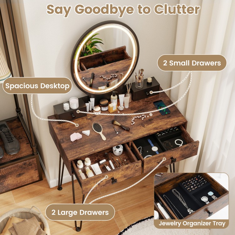 Brown vanity table set with a lighted mirror, spacious desktop, and two large drawers for organized storage.