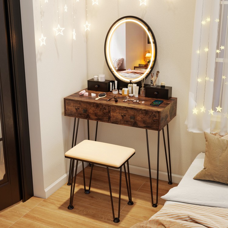 Vanity table set with a brown finish, LED lighted mirror, and storage drawers, perfect for bedroom makeup organization.