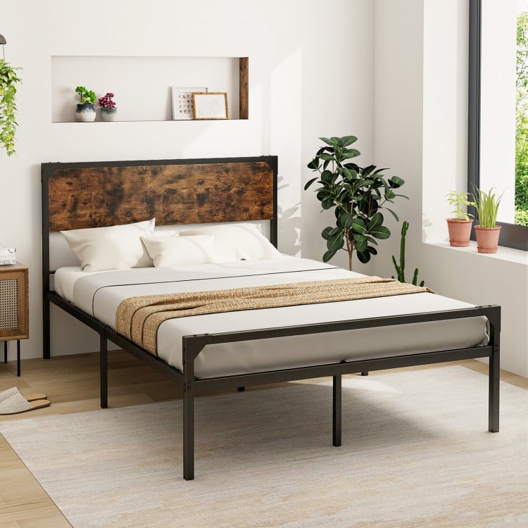 Full/Queen bed with rustic headboard and footboard, featuring a heavy-duty metal frame and ample under-bed storage.