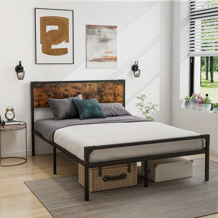 Full/Queen bed with rustic headboard and footboard, heavy-duty metal frame, and ample under-bed storage for a cozy.