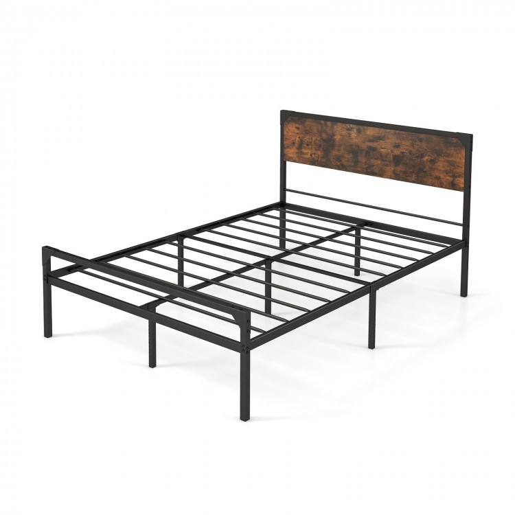 Platform full/queen bed with rustic headboard and footboard, heavy-duty metal frame, no box spring needed.