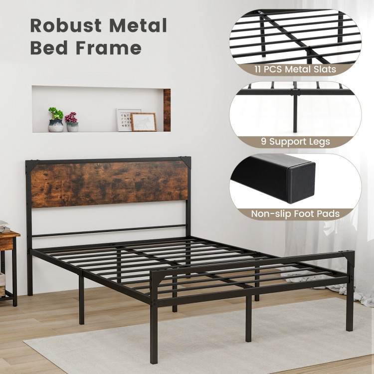 Platform full/queen bed frame with rustic headboard, metal slats, and non-slip foot pads for sturdy support and storage.