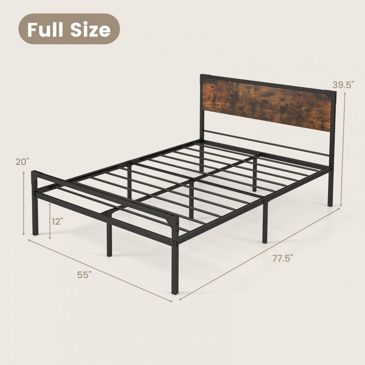 Full size platform bed with rustic headboard, heavy-duty metal frame, and slatted design for ample under-bed storage.