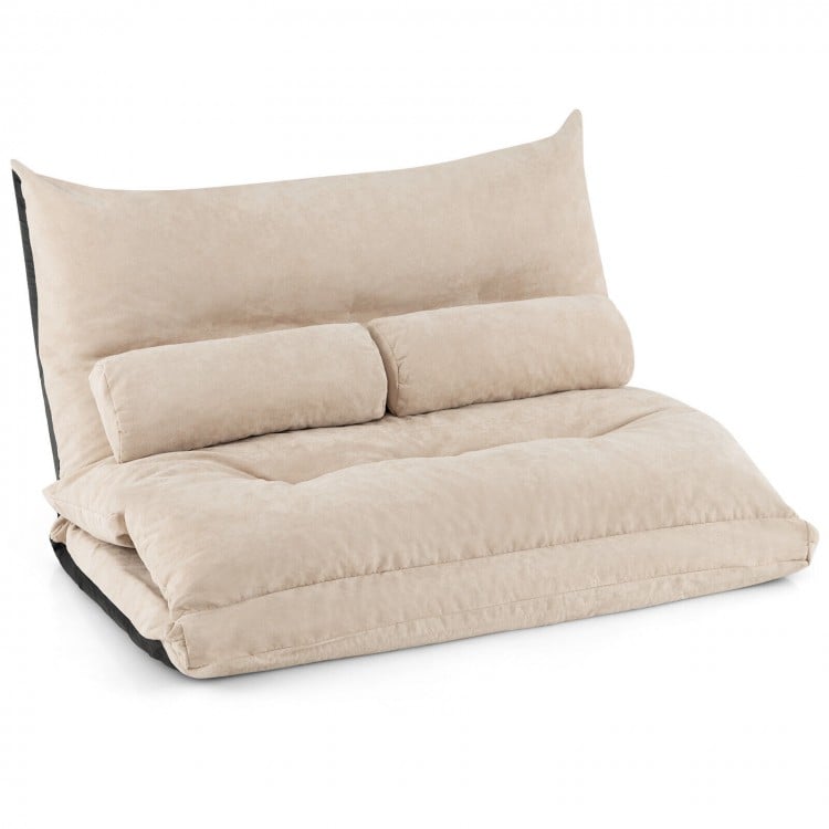 Adjustable floor sofa bed in beige with two lumbar pillows, featuring a 42-level adjustable backrest for versatile.