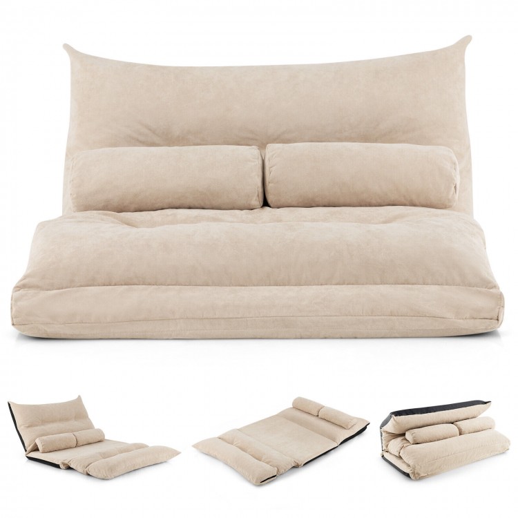 Beige adjustable floor sofa bed with a sleek design and two lumbar pillows, ideal for cozy lounging in any space.